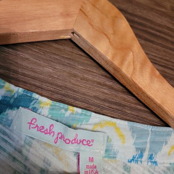 Fresh Produce Womens All Over Print Blouse Top M Blue Green V-Neck Button Cotton - Picture 2 of 7